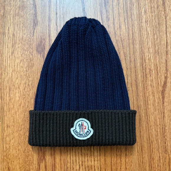 Moncler navy and black wool knit beanie hat